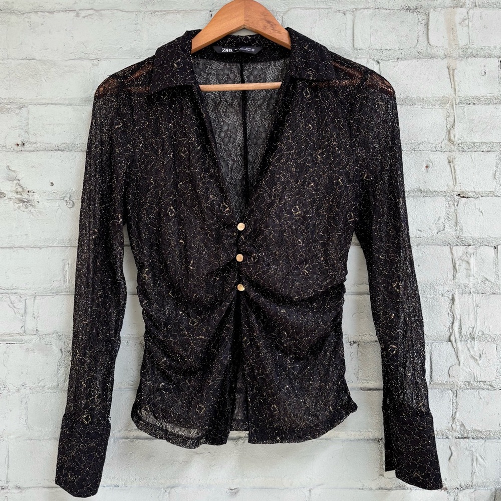 Zara Black Lace Button Down Shirt